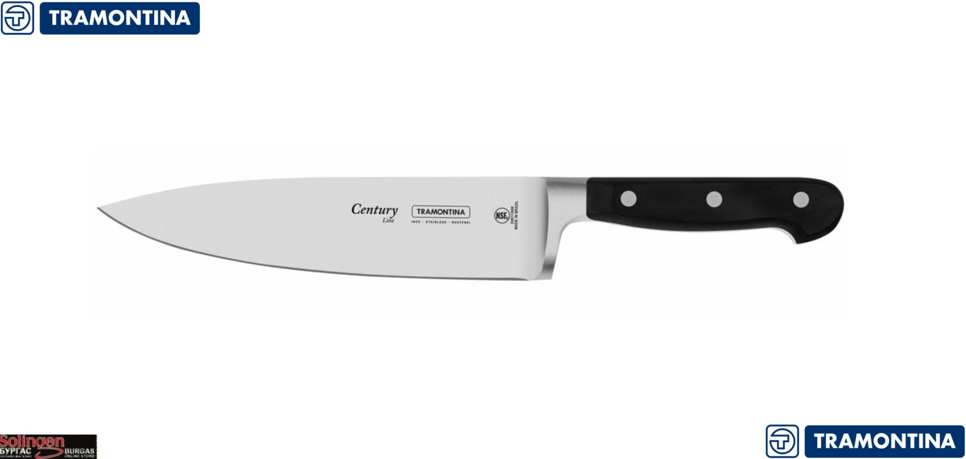 Tramontina Century Chef's knife, Професионален готварски нож с широко острие, ножът е подходящ за накълцване или обща употреба, изработен от неръждаема стомана модел: 1.4116, Размер на острието: 21 см., Tramontina Century Chef's knife