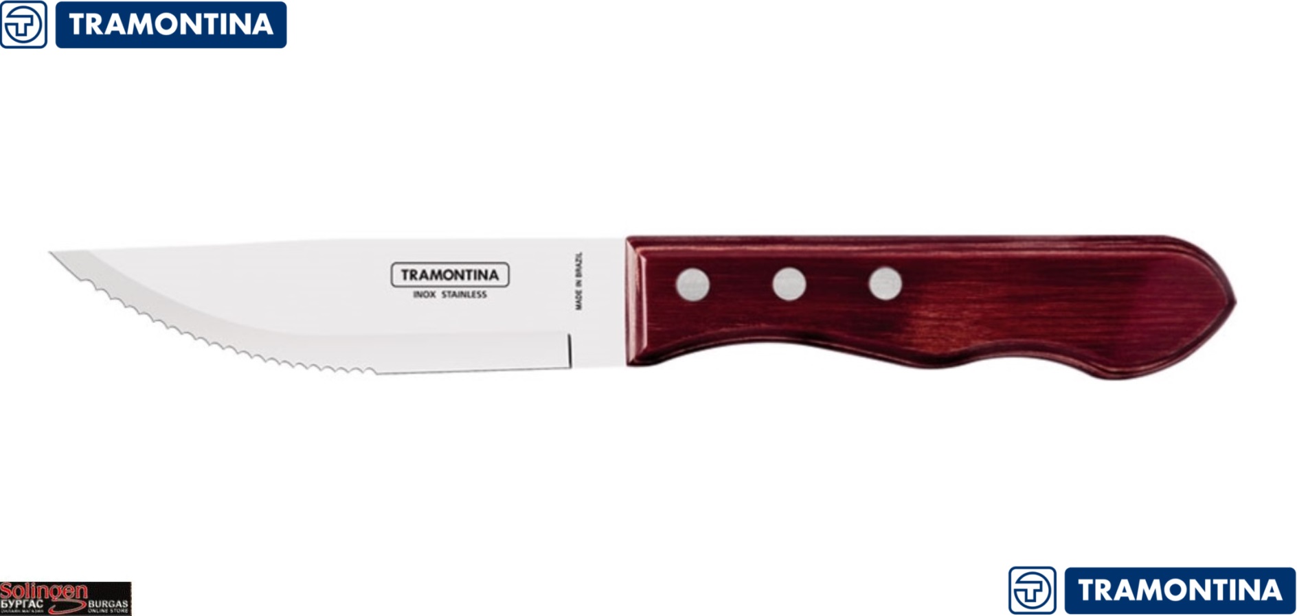 Tramontina POLYWOOD JUMBO knife, Универсален кухненски нож с частично назъбено острие, ножът е подходящ за месо или обща употреба, изработен от неръждаема стомана модел: 1.4116, Размер на острието: 12 см., Tramontina POLYWOOD JUMBO knife