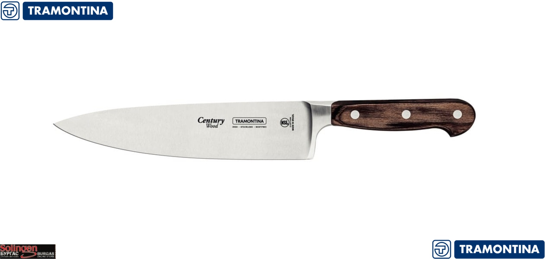 Tramontina Century Wood Chef's knife, Професионален готварски нож с широко острие, ножът е подходящ за накълцване или обща употреба, изработен от неръждаема стомана модел: 1.4116, Размер на острието: 21 см., Tramontina Century Wood Chef's knife