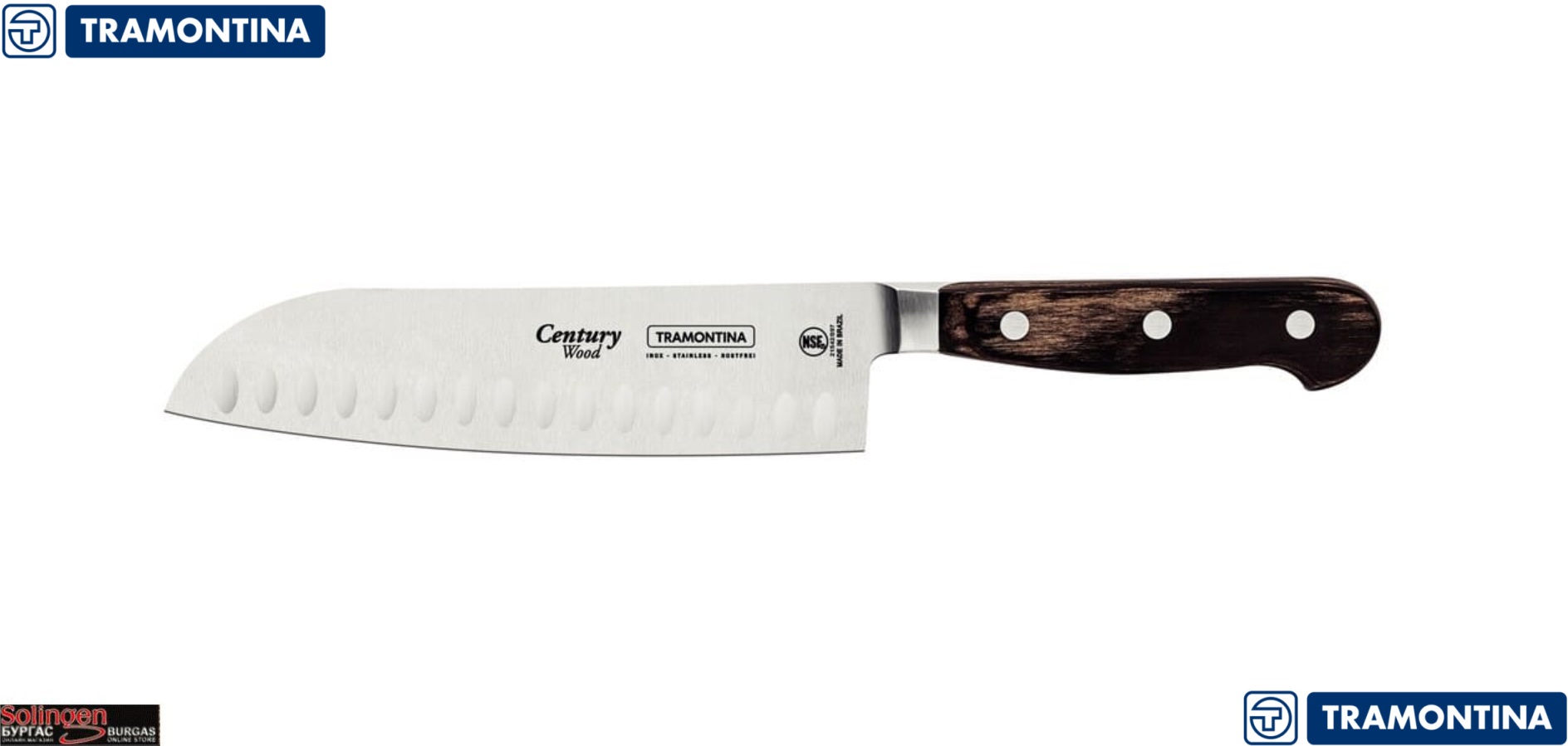 Tramontina Century Wood Santoku knife, Професионален готварски нож с широко острие, модел Santoku, ножът е подходящ за накълцване или обща употреба, изработен от неръждаема стомана модел: 1.4116, Размер на острието: 18 см., Tramontina Century Wood Santoku